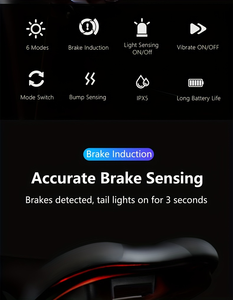 TWOOC Smart Bike Rear Light, Auto Start Stop Brake Sensing LED Charging Cycling Smart Bicycle Taillight