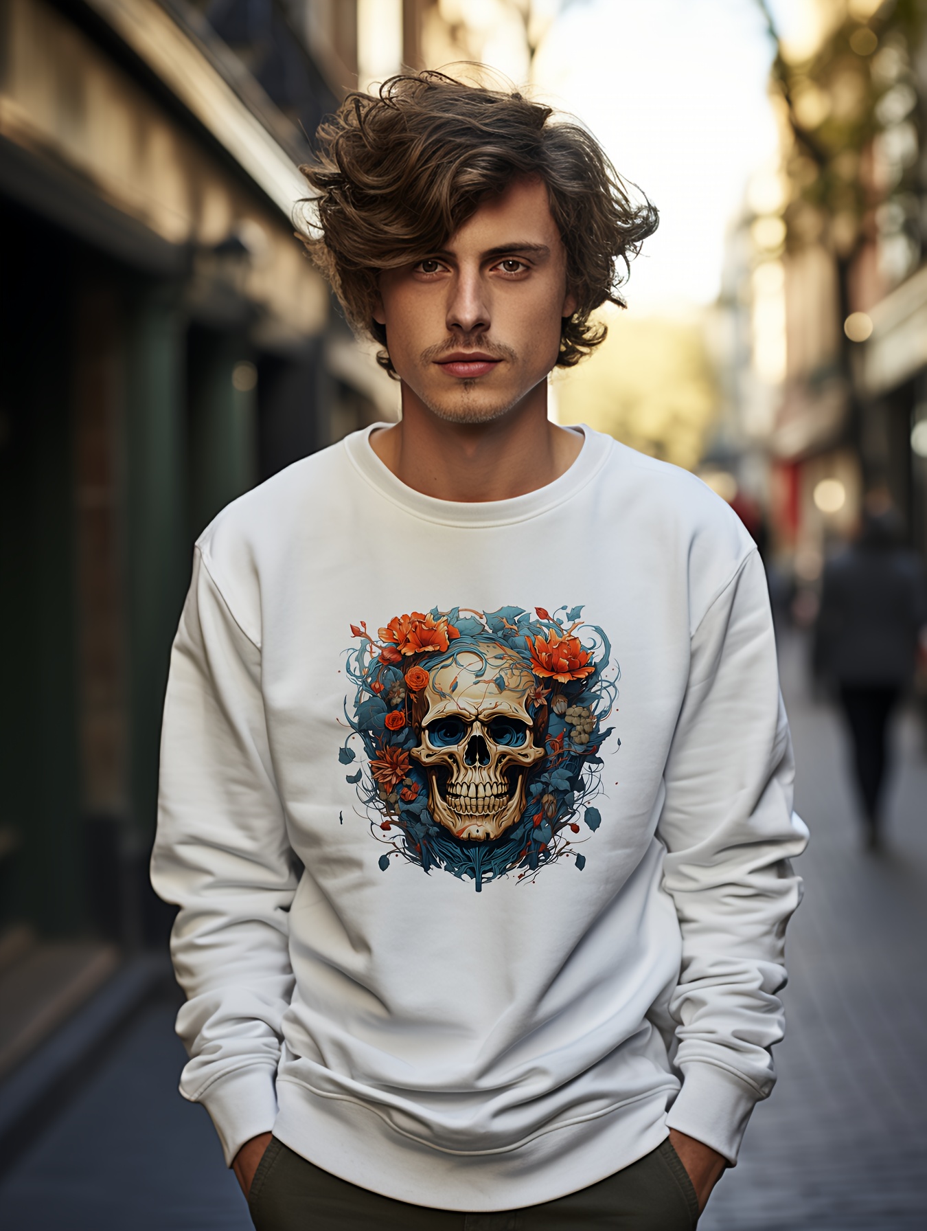 Halloween Skull Print Crew Neck Sweatshirt Men s Casual Temu