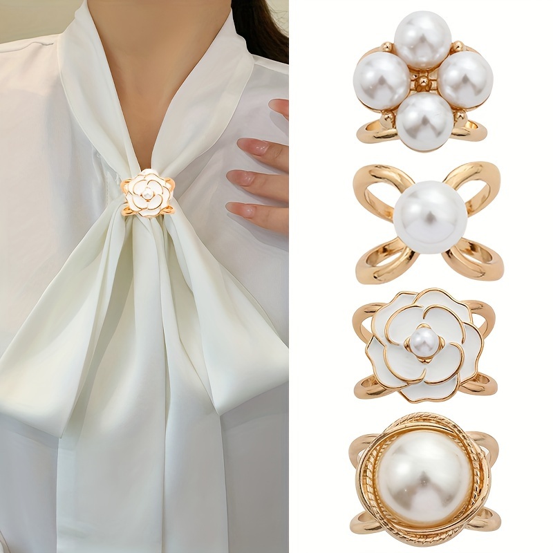 Elegant Pearl Floral Scarf Ring Clip Camellia Flower Scarf Buckle for Women Scarf  Ring Buckle Women