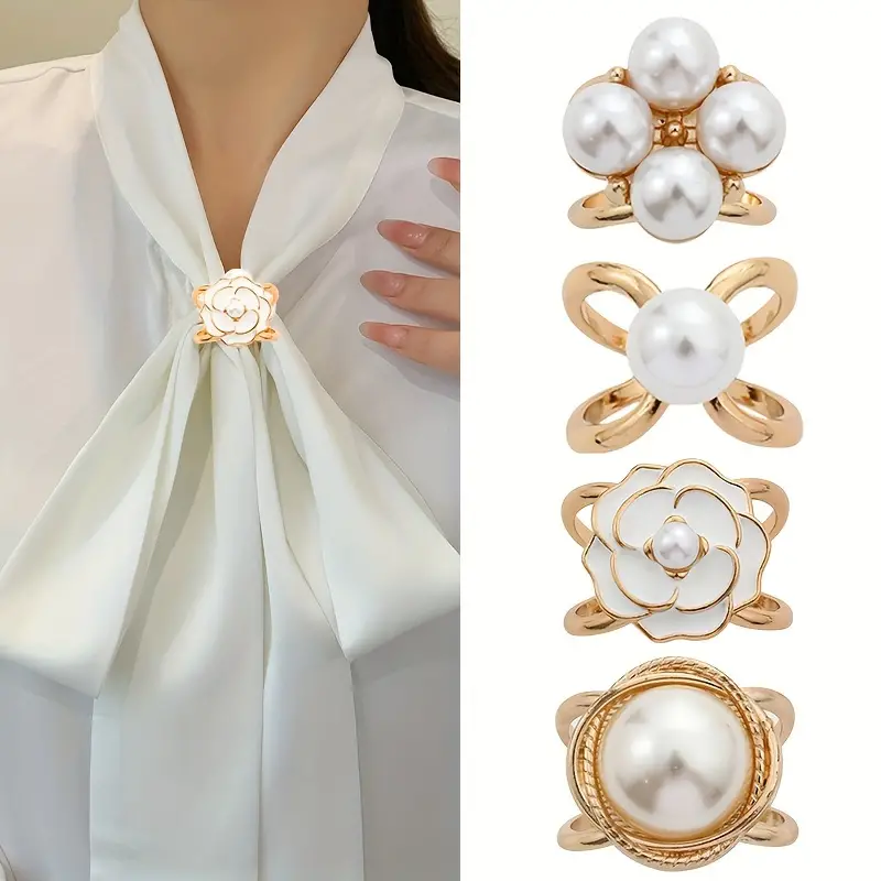 Elegant Faux Pearl Floral Scarf Ring Clip For Women - Temu