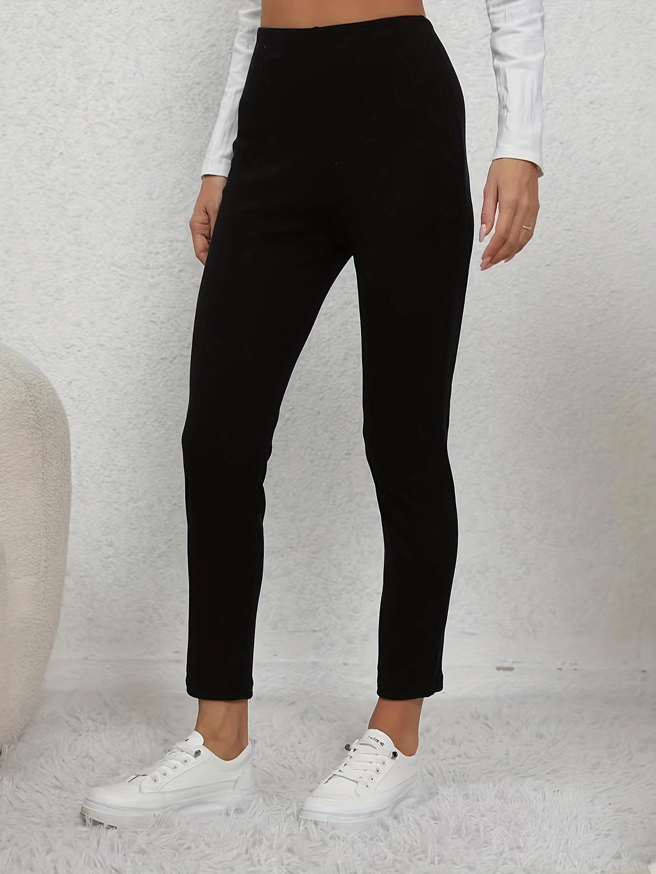Faux Leather Solid Skinny Leggings Casual High Waist Thermal - Temu