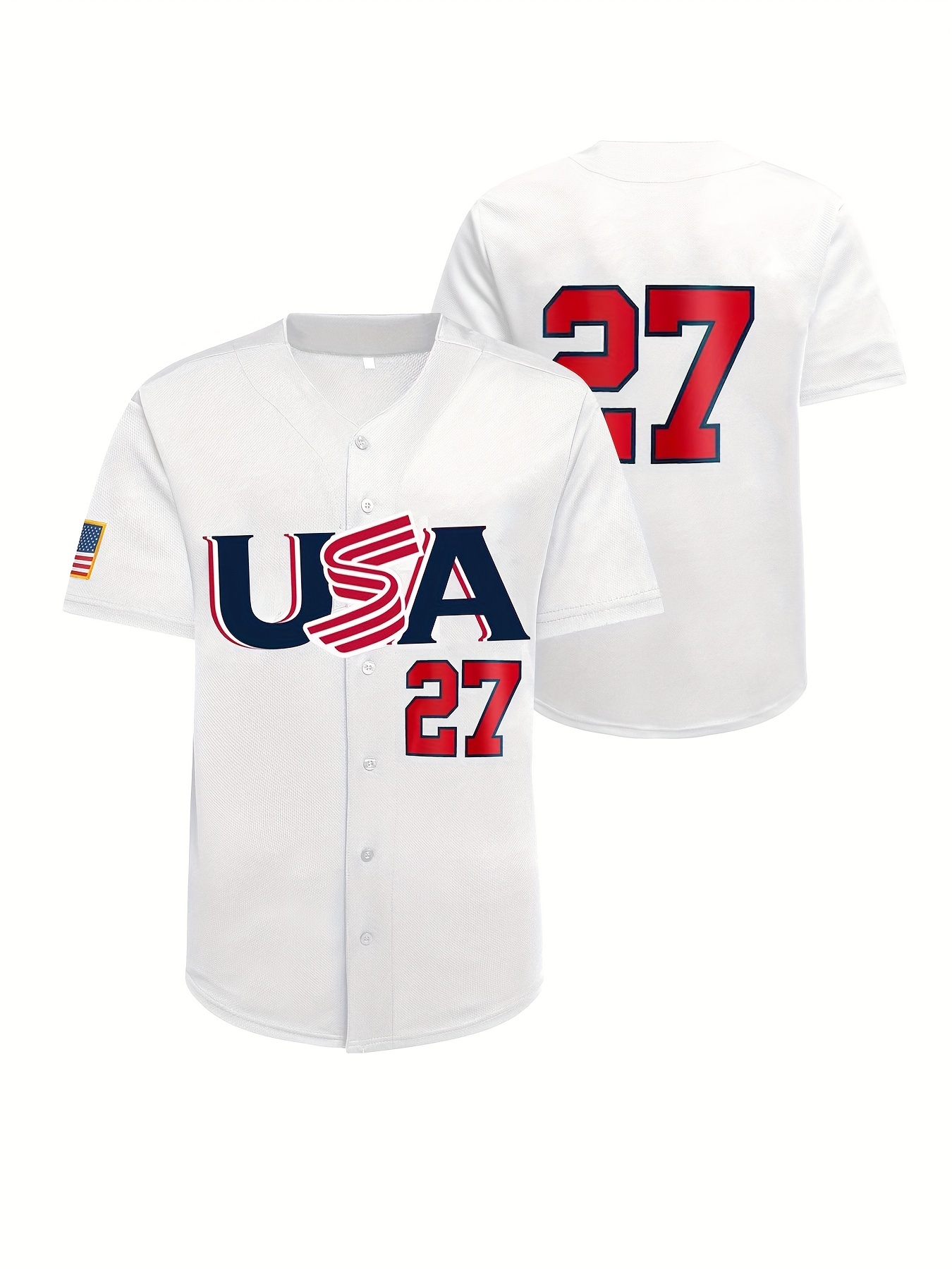 Men's #27 USA Baseball Jersey, Active Button Up Short Sleeve Uniform Baseball Shirt for Training Competition Size S-XXXL,Temu