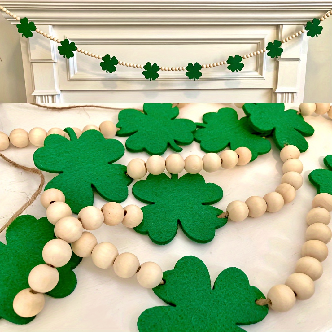 

1pc St. Patrick's Day Irish Festival Four-leaf Clover Hemp Rope Beaded Creative Wooden Beads String Wall Pendant Party Hanging Decoration