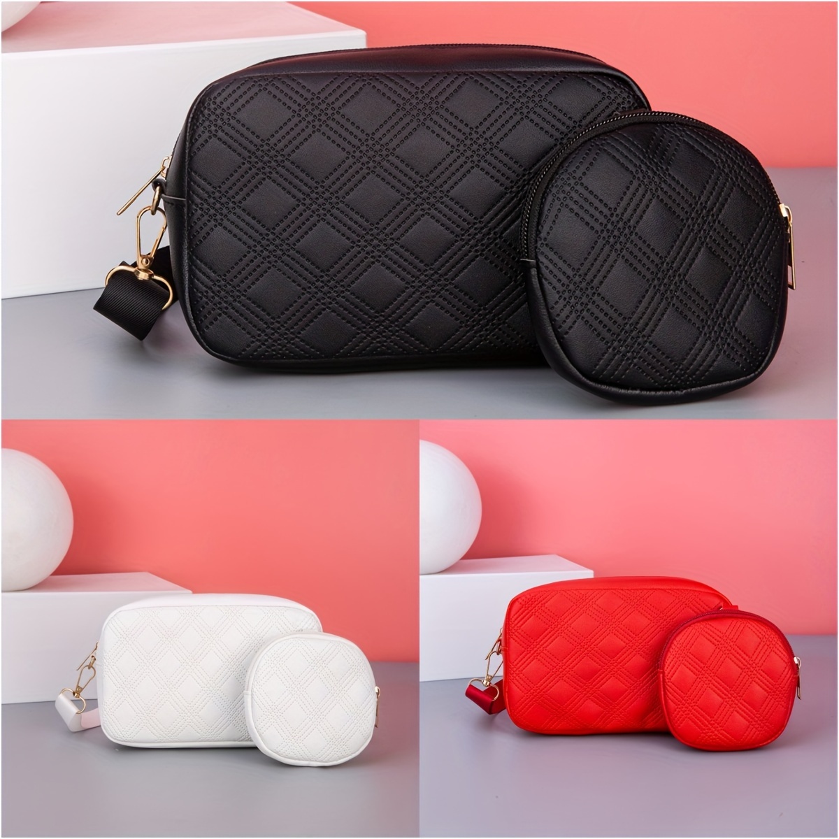 2pcs Argyle Quilted Bag Set, Trendy PU Leather Shoulder Bag, Women's Small Crossbody Bag with Coin Purse,Temu