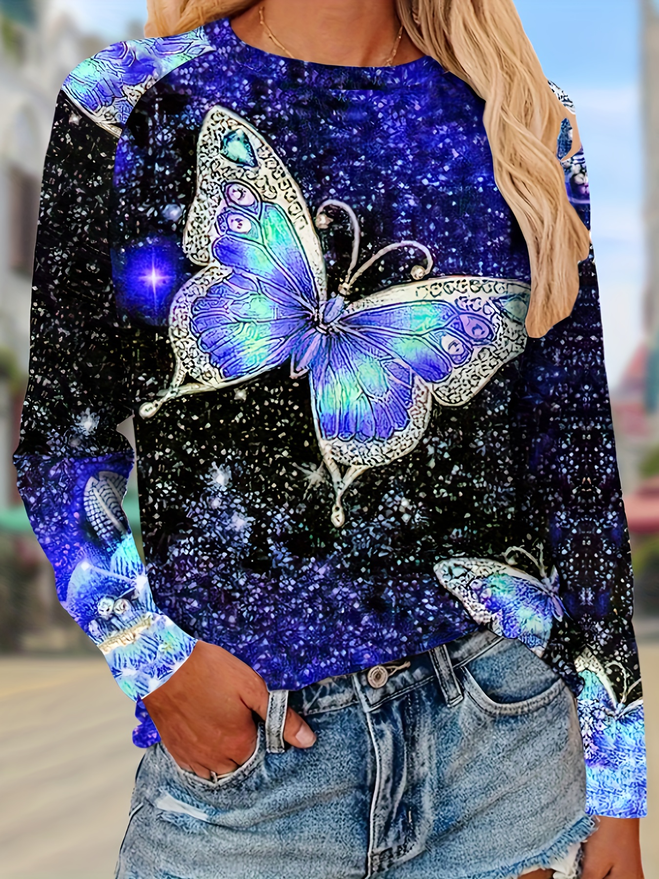 Plus Size Casual T shirt Women's Plus Butterfly Galaxy Print - Temu