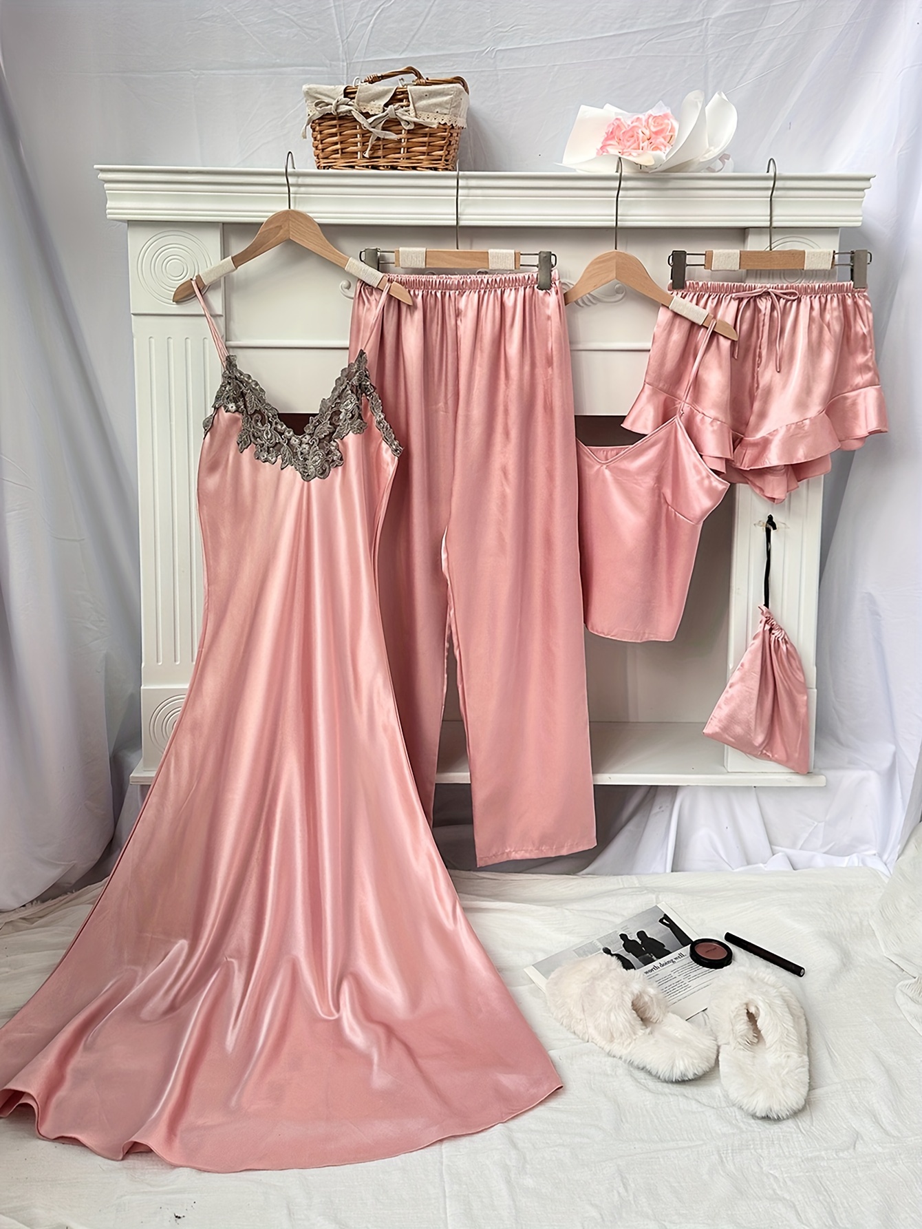 Women's Lace Trim Satin Sleepwear Cami Top and Shorts Pajama Sets, Pink