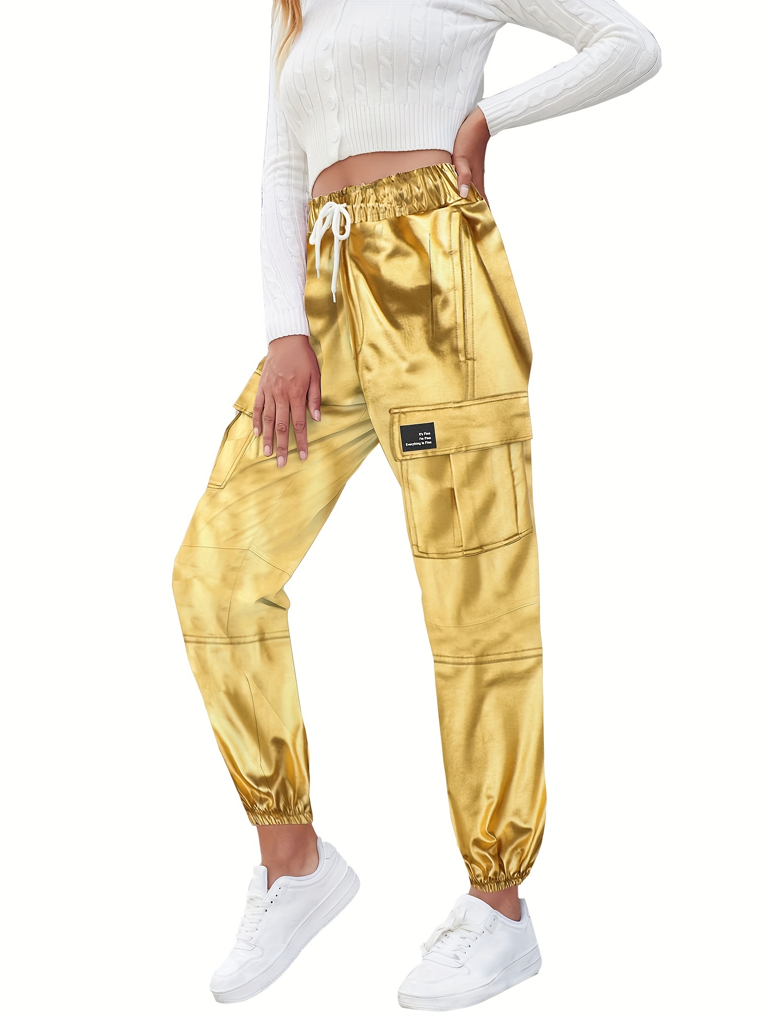 Boys And Girls Shiny Cargo Pants Street Style Elastic Belt Multi-pocket  Fashion Jogger Pants