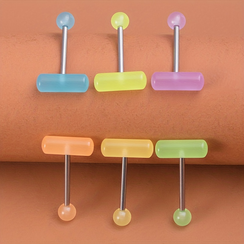 6pc Luminous Acrylic Tongue Stud Ring Set