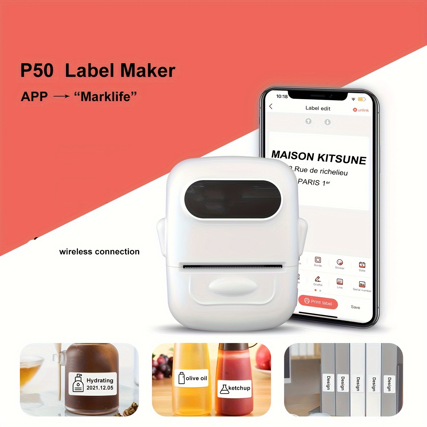 5PK Marklife P50 Thermal Label Printer machine HD Mini Photo Bluetooth  Wireless Sticker Roll Feed for IOS Android Paper Supplies