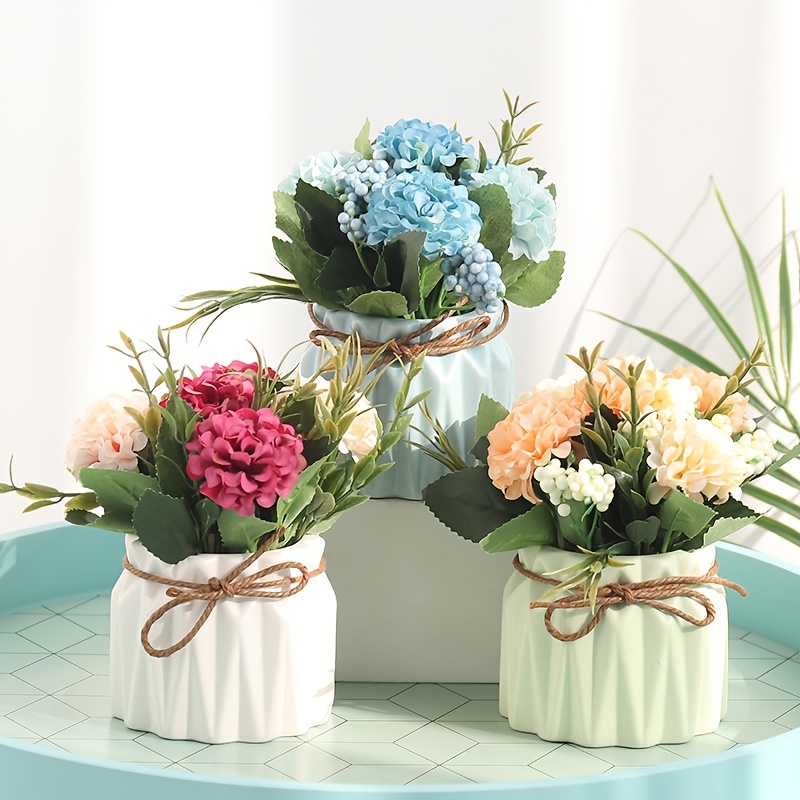 6 flores artificiales en maceta con arreglos florales falsos en maceta de  cerámica, pequeñas flores de primavera sintéticas en jarrón para decoración
