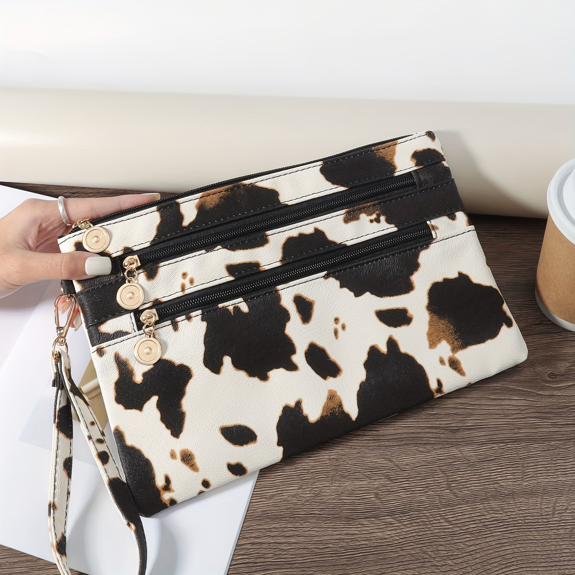 

Cow Printed Wallet, Women's Multifunctional Zippered Purse