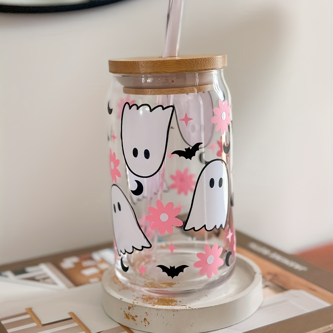 Cute Baby Black and Pink Cow Print Iced Coffee Cup, Glass Cup With Lid and  Straw, Glass Mason Jar With Lid and Straw, Iced Coffee Glass 