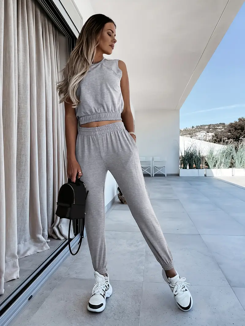 Casual Solid Two-piece Set, Crew Neck Tank Top & Jogger Pants Outfits,  Women's Clothing