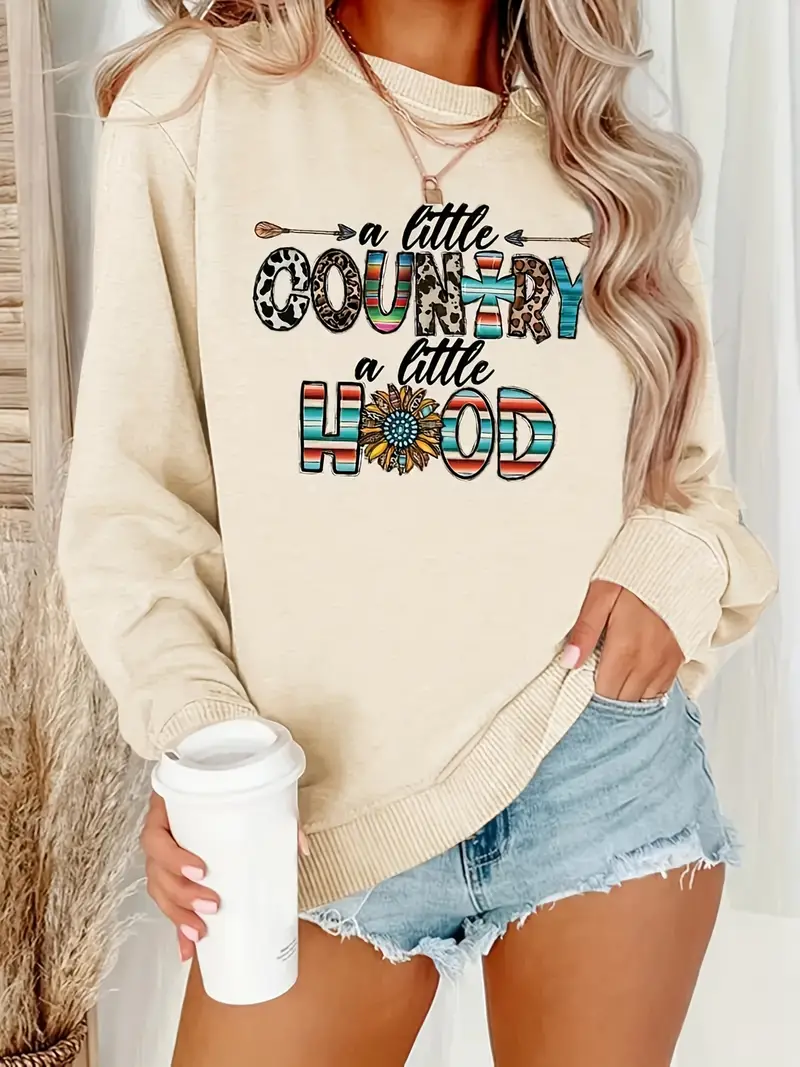 country hood letter print sweatshirt casual long sleeve crew neck sweatshirt womens clothing details 3