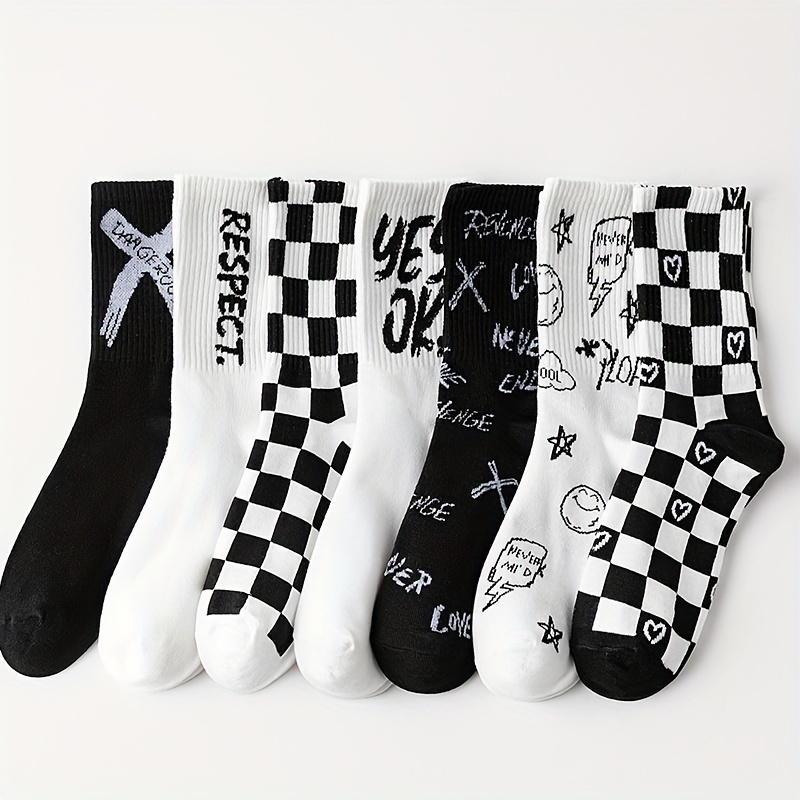 Image of 7 Pairs Women's Knee-length Socks, Polyester 95% Spandex 5%, Checkered & , Black & White, Knit Fabric, Machine Washable, Autumn Sports Casual Outerwear Socks