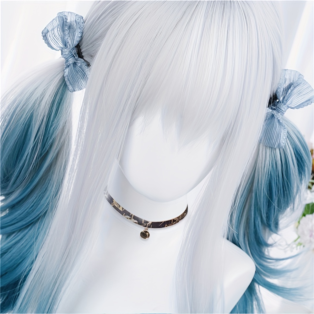 women synthetic wig long straight ombre two tone silvery grey blue hair for cosplay with bangs anime cosplay wig costume wig for halloween party details 2