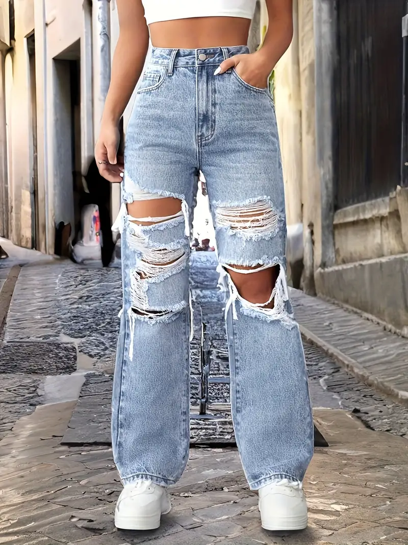 Ripped Holes Chic Straight Jeans Loose Fit Non stretch Slant - Temu