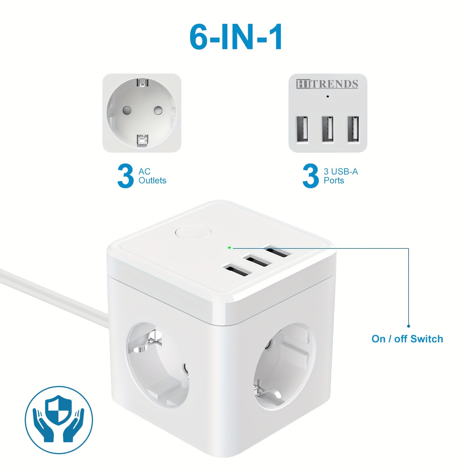 Prise électrique,Cube de prises multiples avec interrupteur On-Off, 3  prises ca, 3 Ports USB (2500W-10A) - TS-321-DE-WH-Ue Plug