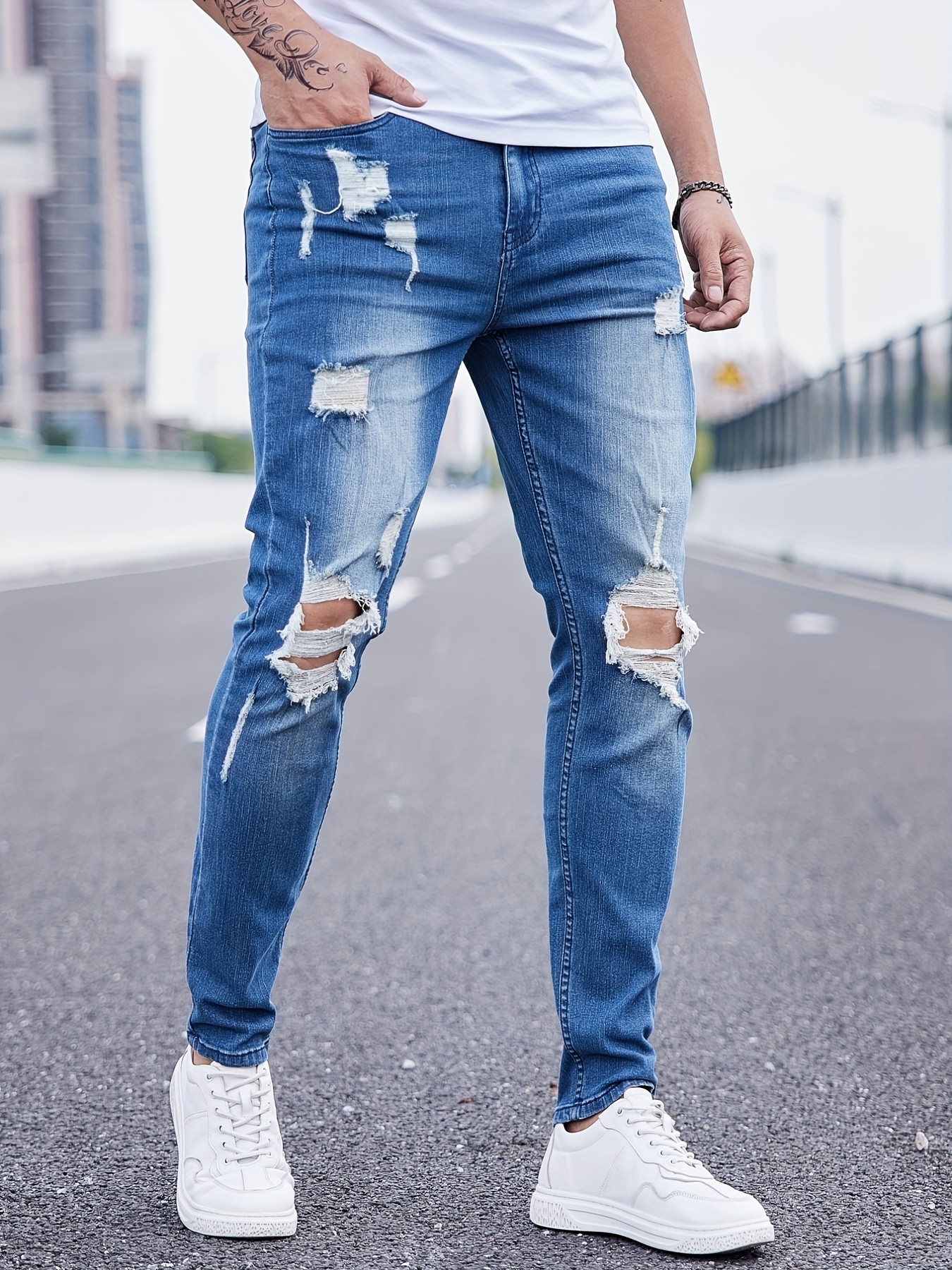 Men's Street Style Fashionable Ripped Slim Denim Jeans, Solid Color Medium  Elastic Denim Trousers For Males