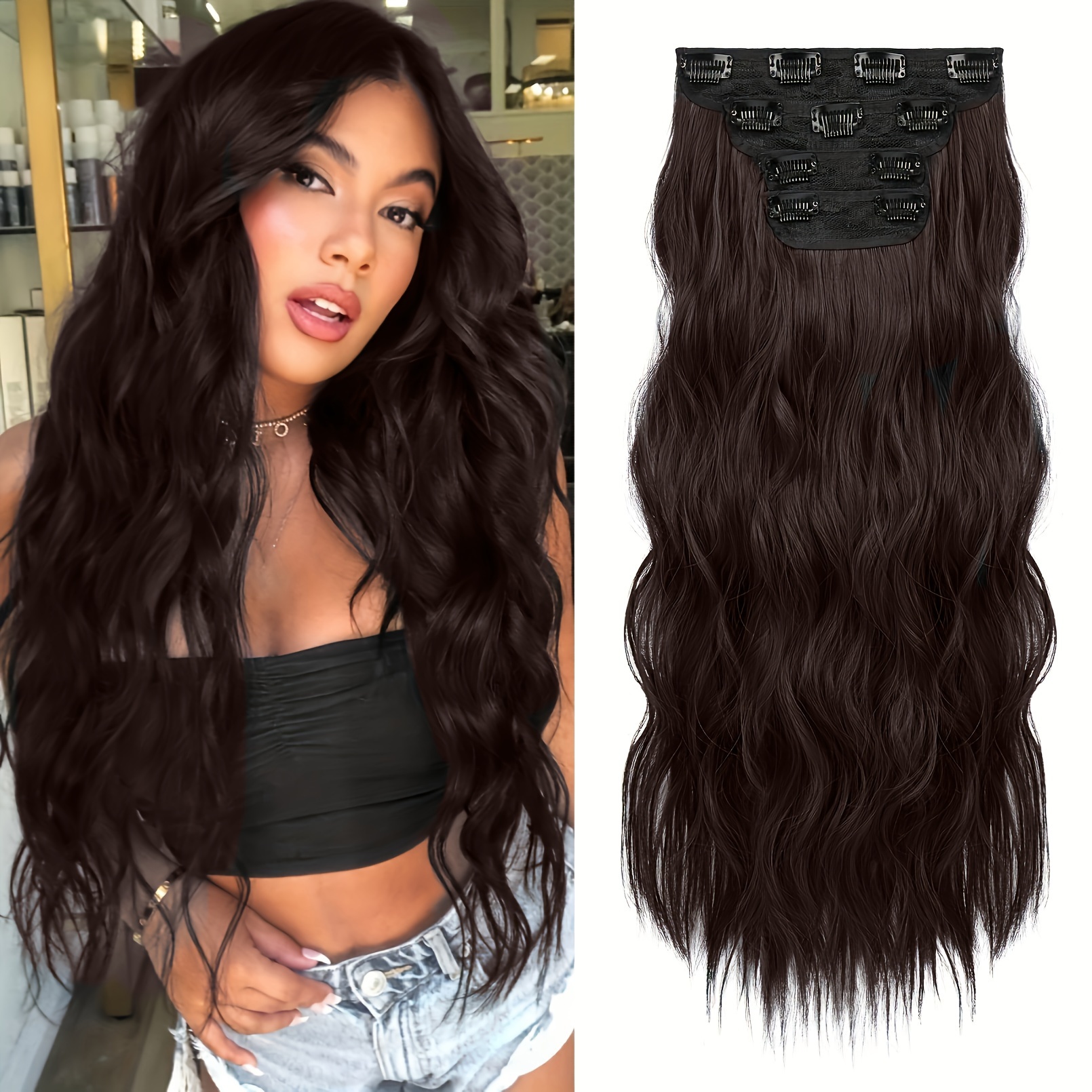 Popular 3/4 Full Head Long Curly Wave Clips In On Synthetic - Temu