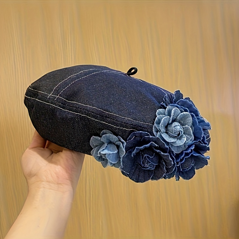 contrast color three dimensional flower denim beret women  display picture 3