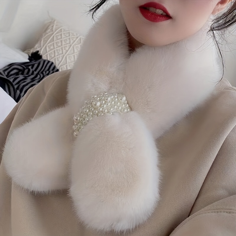 Solid Color Faux Fur Collar Scarf Soft Warm Double Sides Cross Tie Scarf  Faux Pearl Decorated Neck Scarf - Temu