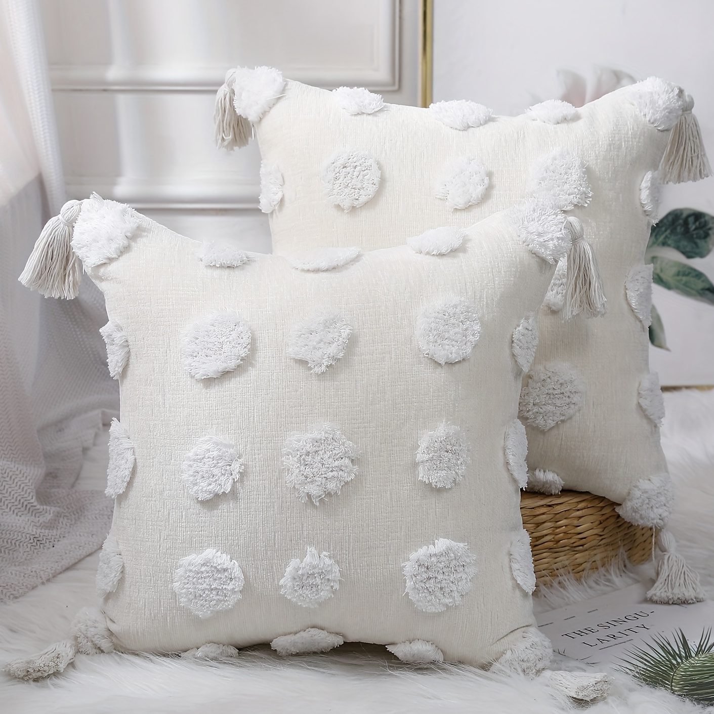 MingBo Boho Cream White Throw Pillow Cover 18x18 Inch, Pom Pom and Tassels  Tufted Decorative Cushion Case Pillow Covers for Bed Couch, 1 PC