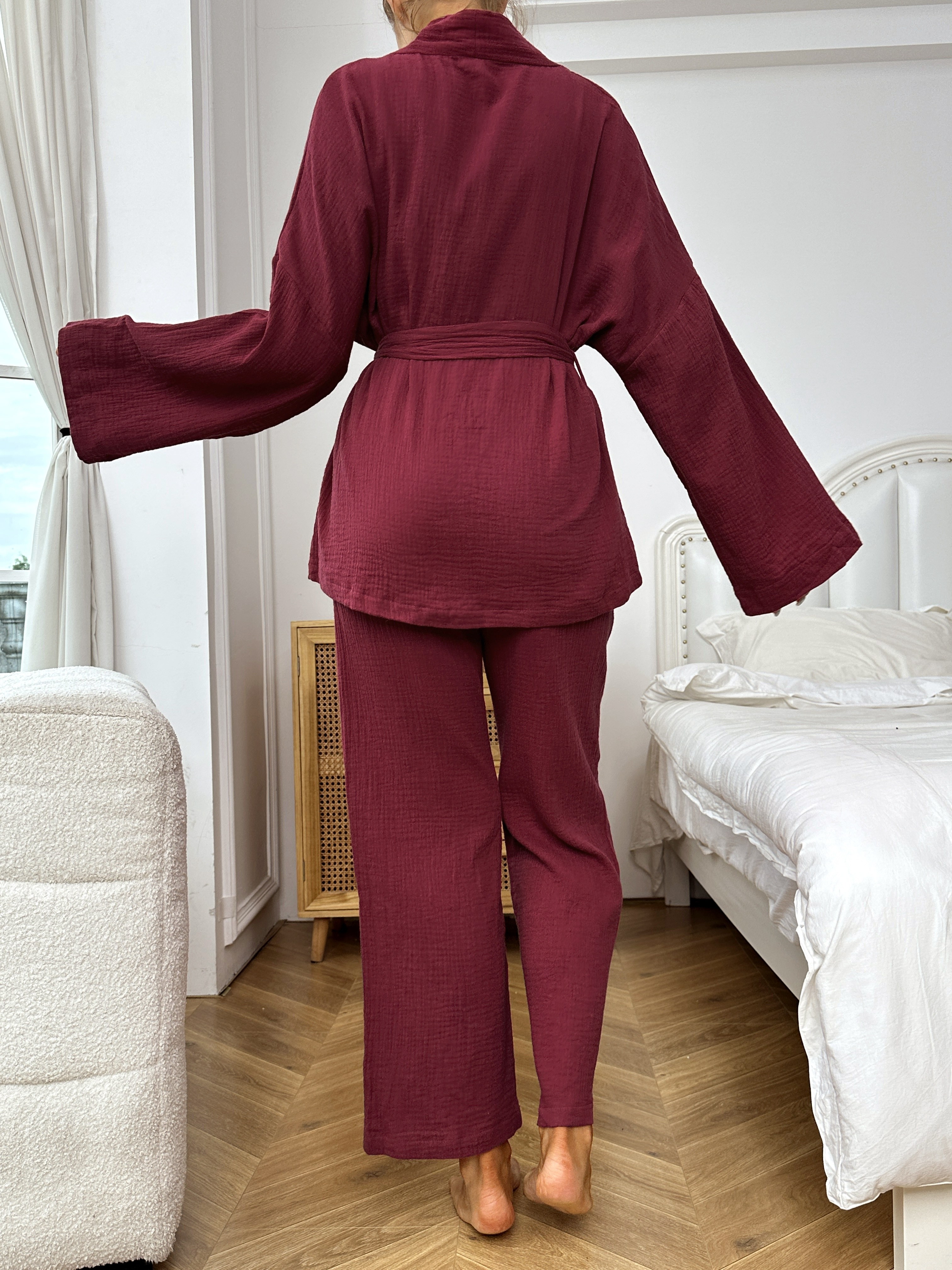 Simple Solid Lounge Set Long Sleeve Robe Belt Elastic Temu