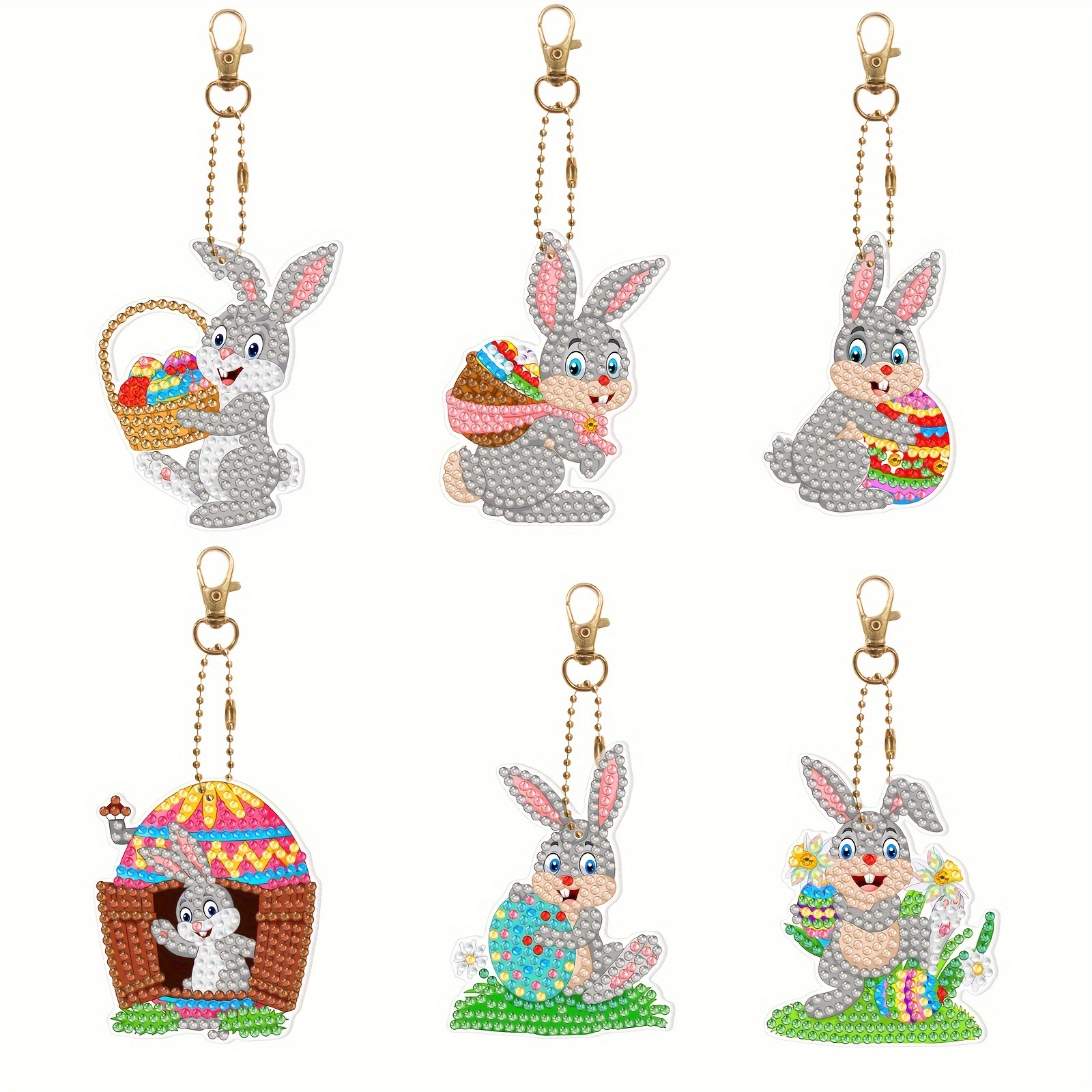 

6pcs Diy Diamond Painting Kit - Handcrafted Acrylic Easter Series Keychains & Bag Charms, Double-sided Round Diamonds