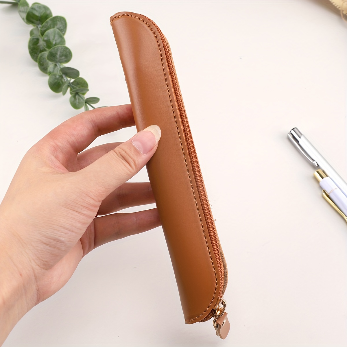 1pc Quality Leather Pencil Pouch Large Capacity Smooth Surface Waterproof  Pencil Pouch Zipper Closure Stylish Stationery Storage School Supplies  Solid Color Pen Pouch