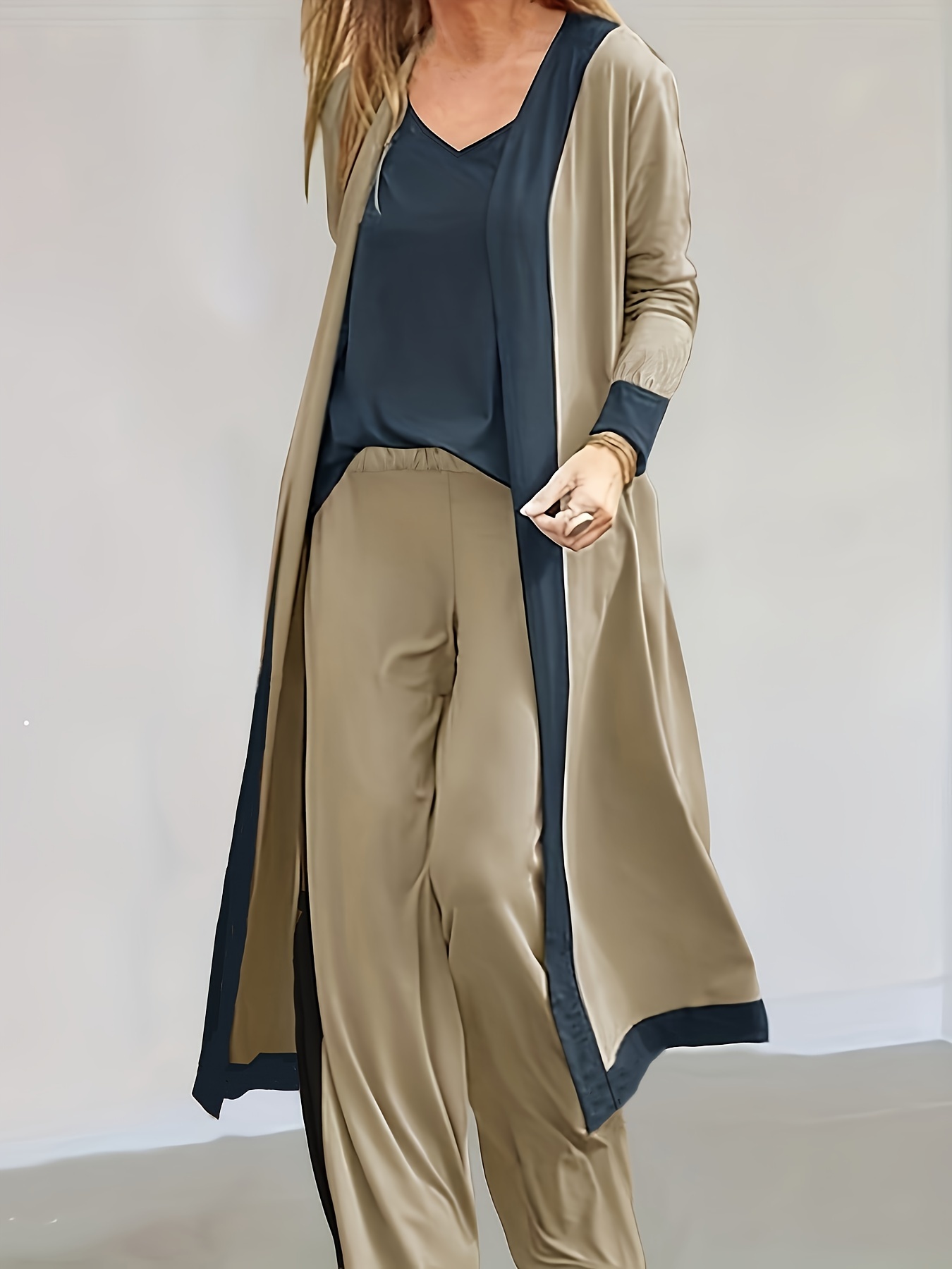 Color Block Casual Three piece Set Open Front Long Sleeve - Temu