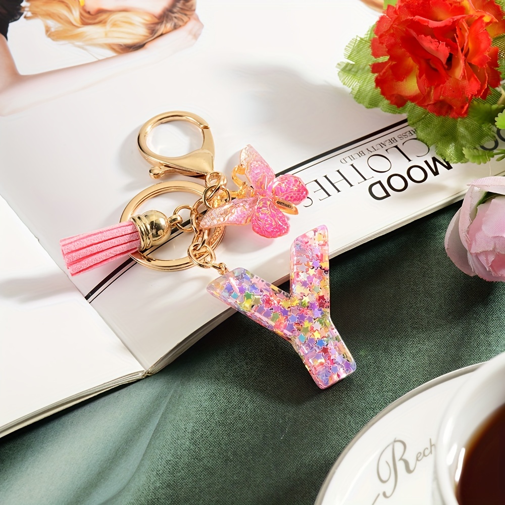 1pc Women's Pink Glitter Butterfly & Letter Shaped Keychain