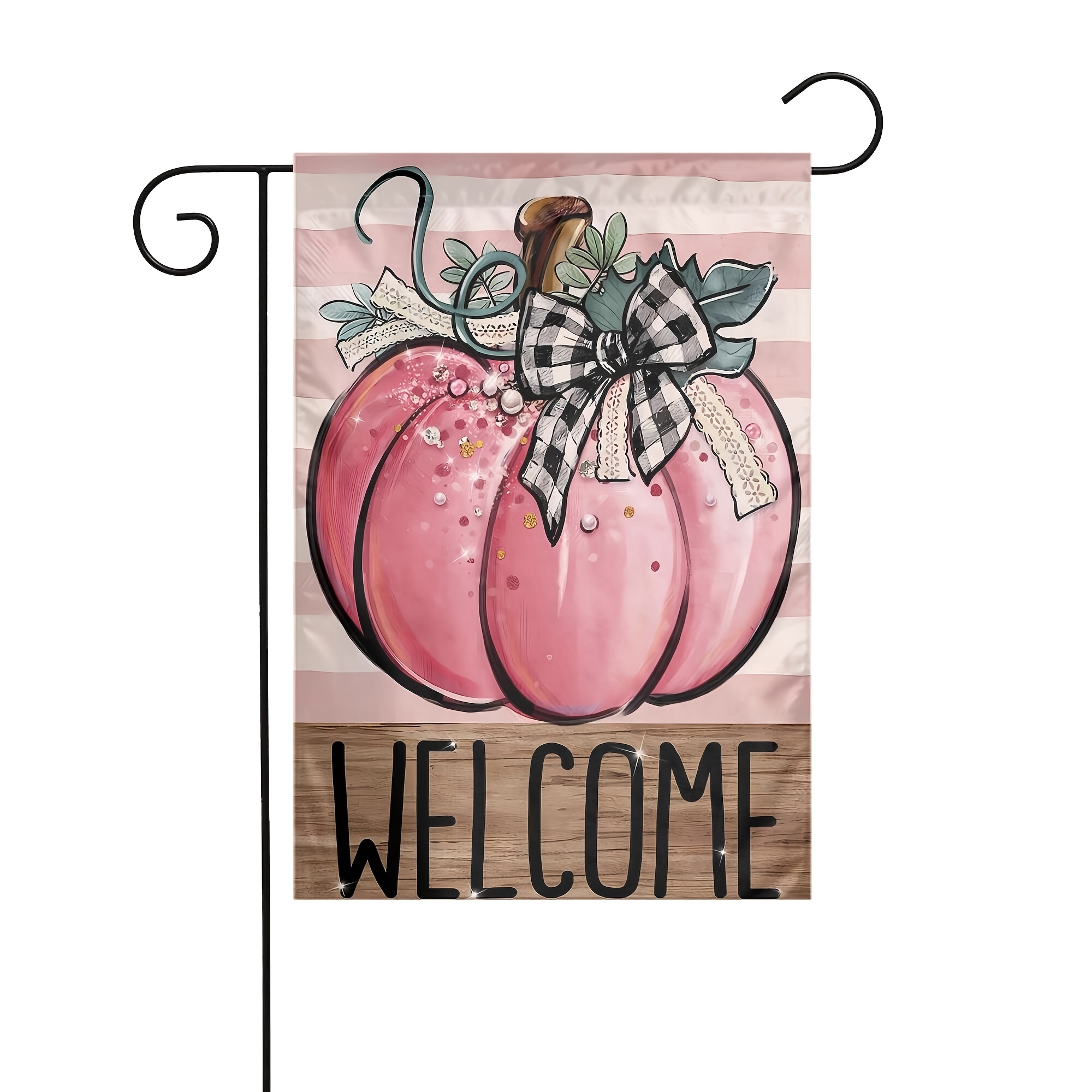 1pc welcome fall pink pumpkin garden flag autumn stripes buffalo plaid check bow decorative yard outdoor home small decor thanksgiving farmhouse outside house decoration 1pc double sided printed courtyard garden flag no flagpole 12 18 inches