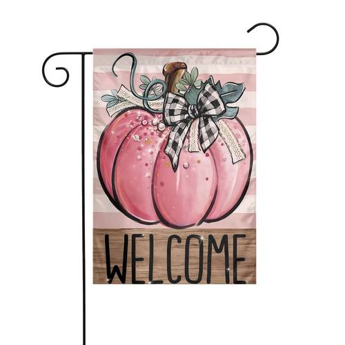 1pc welcome fall pink pumpkin garden flag autumn stripes buffalo plaid check bow decorative yard outdoor home small decor thanksgiving farmhouse outside house decoration 1pc double sided printed courtyard garden flag no flagpole 12 18 inches