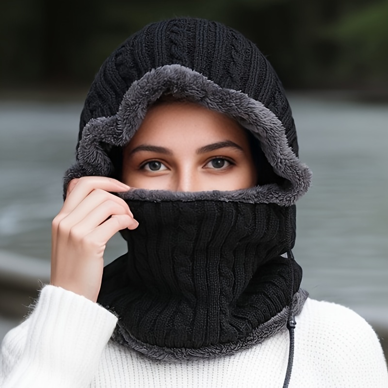 

Classic Ribbed Knitted Fleece Ski Mask Thick Coldproof Knit Hats Elastic Warm Beanies Windproof Hooded Scarf Cycling Balaclava For Women Winter Outdoor
