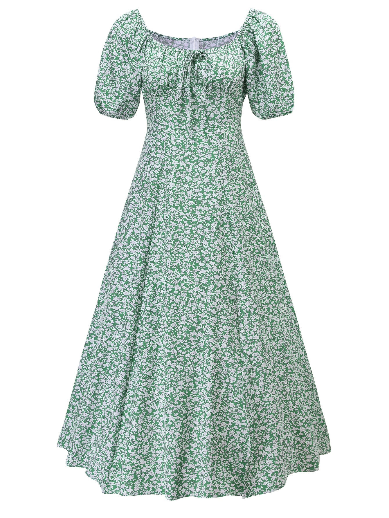 French Vintage Big Polka Dot Long Women Elegant Puff Sleeve Split Big Hem  Dress