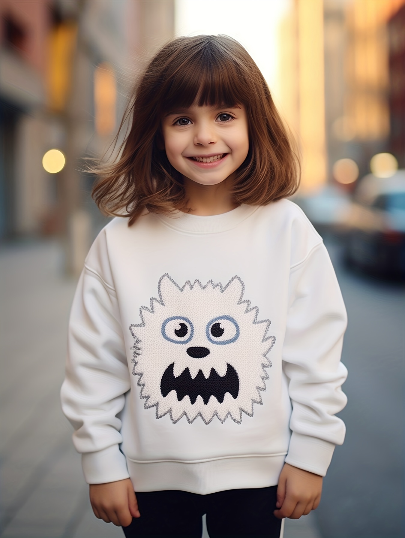 Winter Cute Girls Print Long Sleeve Pullovers Sweater - White on