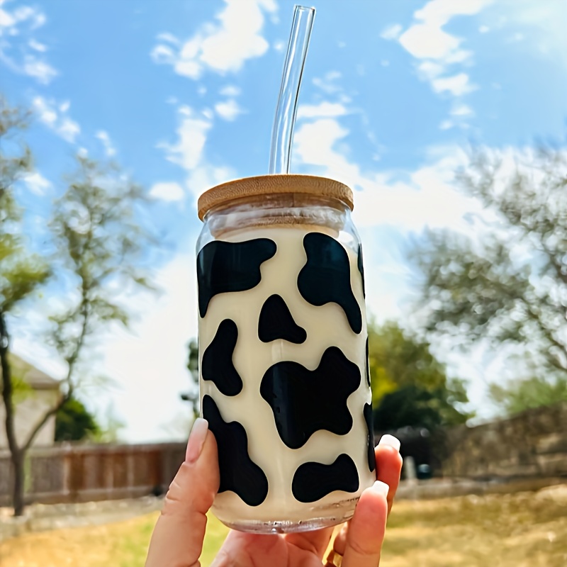 Cow Print Drinking Glass With Bamboo Lid And Straw Can - Temu