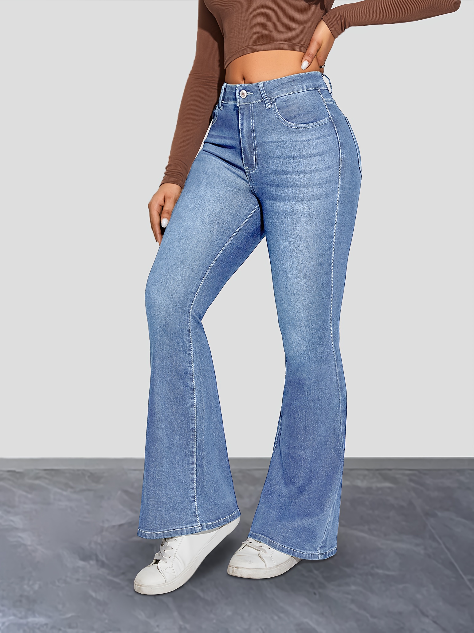 Black Slant Pockets Flare Jeans High stretch Slim Fit - Temu Canada