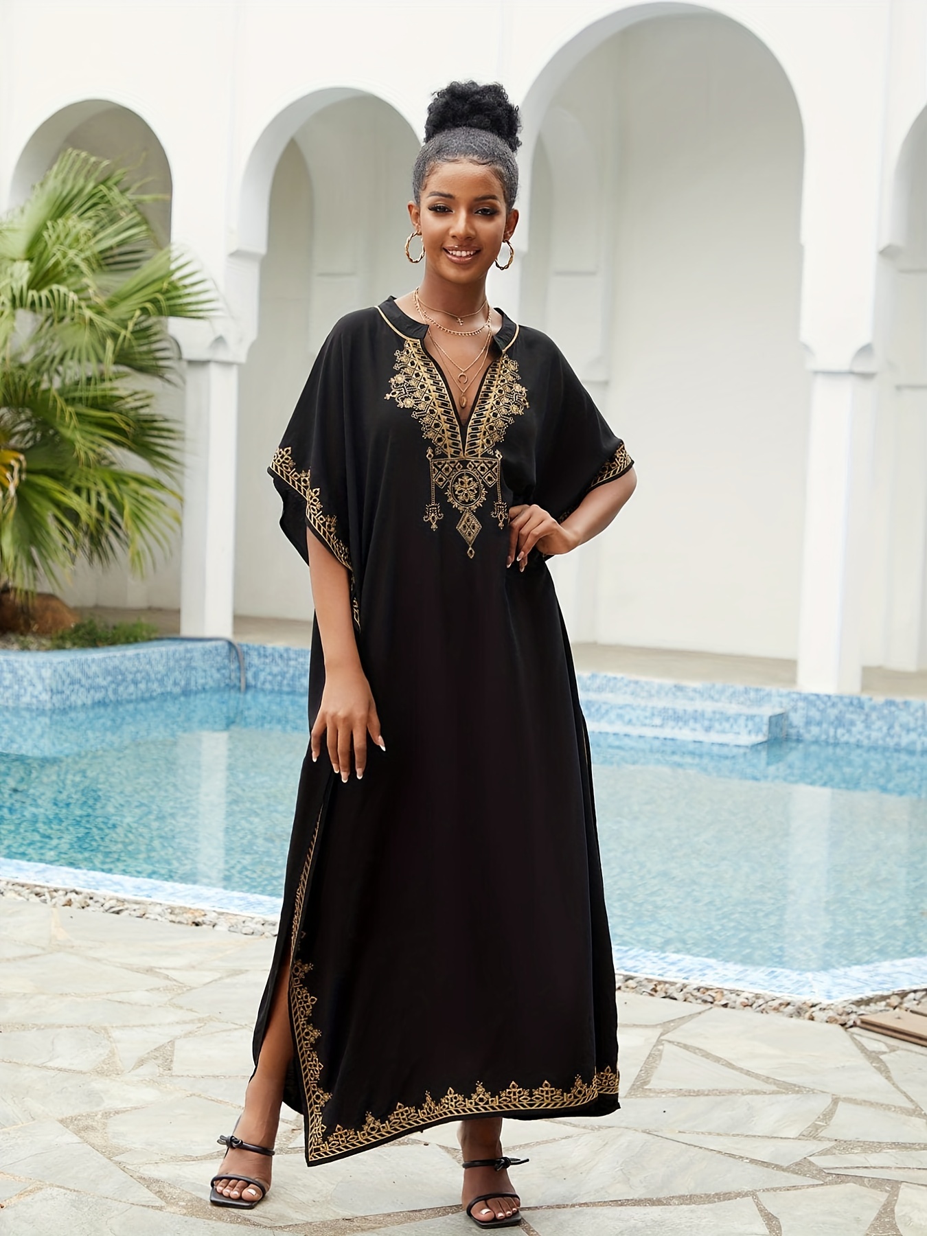 Ramadan Plus Size Boho Kaftan Dress, Women's Plus Embroidered Batwing  Sleeve Round Neck Beachwear Maxi Kaftan Dress