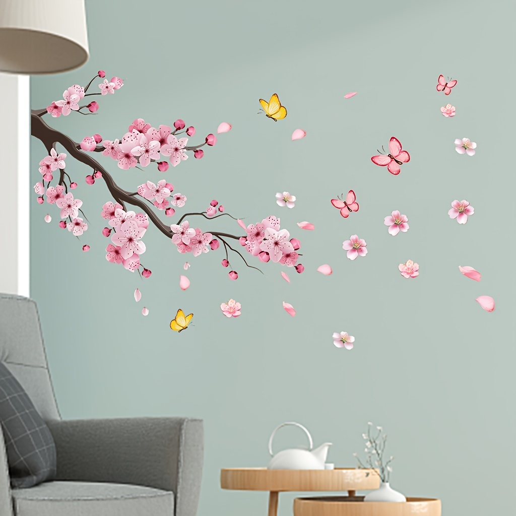 1pc Autocollant Mural En Forme De Fleur De Pêcher Rose, Branche D'arbre De  Cerisier, Papillon