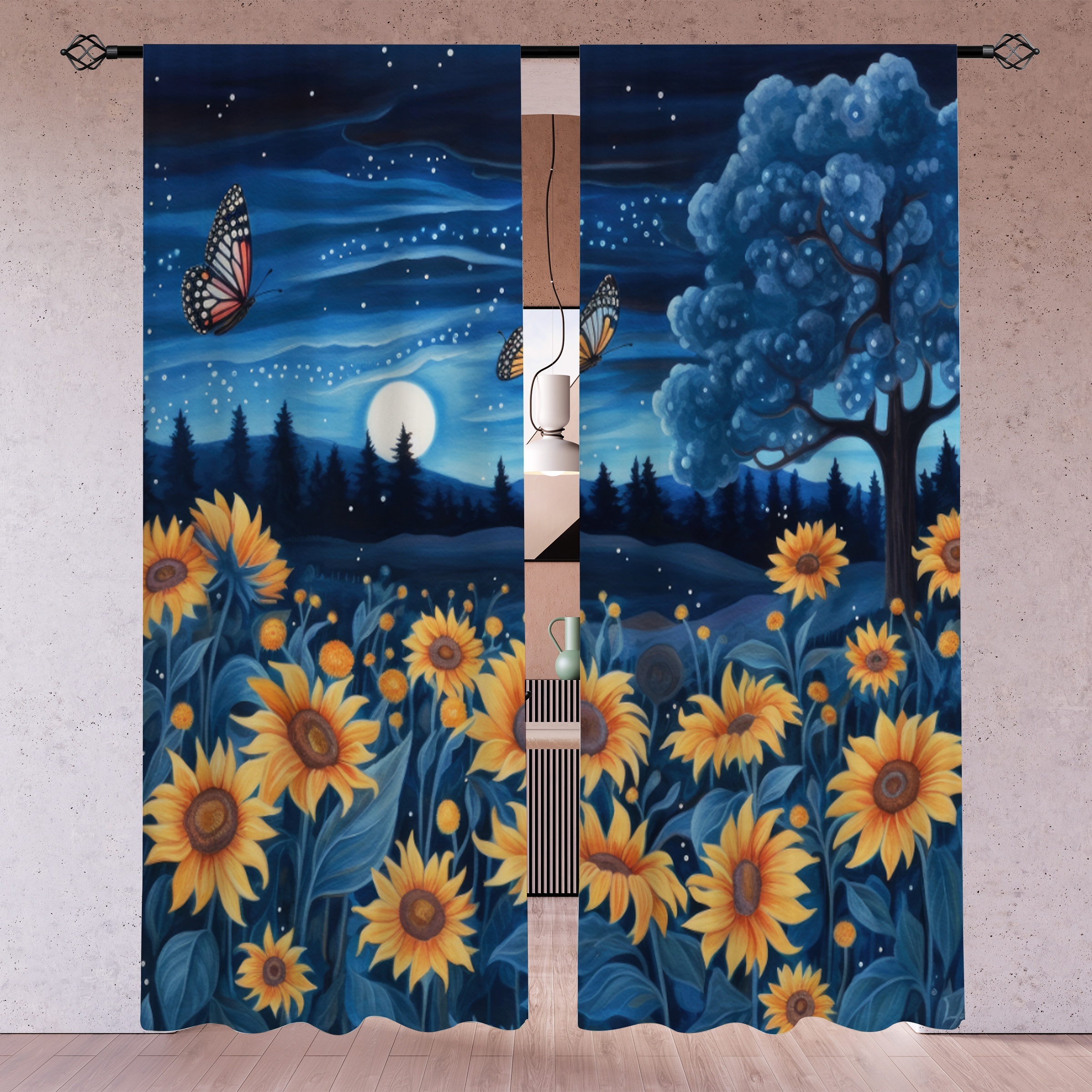 

2pcs, Moonlight Sunflower Printed Translucent Curtains, Living Room Game Room Bedroom Multi-scene Polyester Rod Pocket Decorative Curtains Home Decor Party Supplies