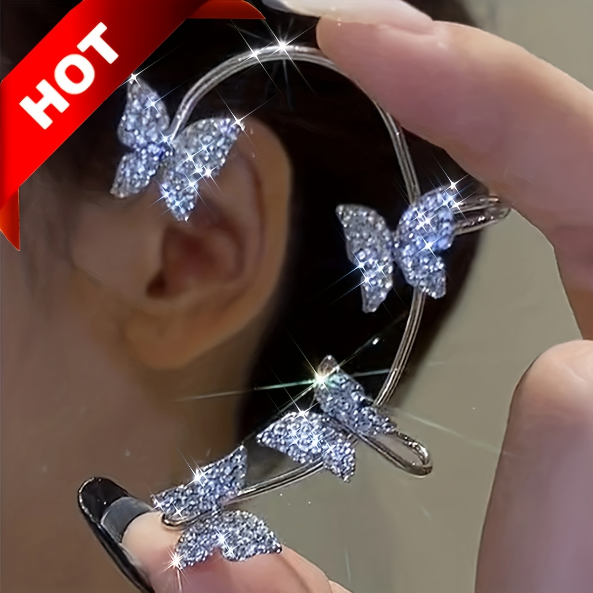 1 Pair Shiny Butterfly Ear Cuff, Zircon Decor Cute Animal Japanese and Korean Style Ear Cuff, No Piercing, Earring Jewelry, Jewels Gifts for Women
