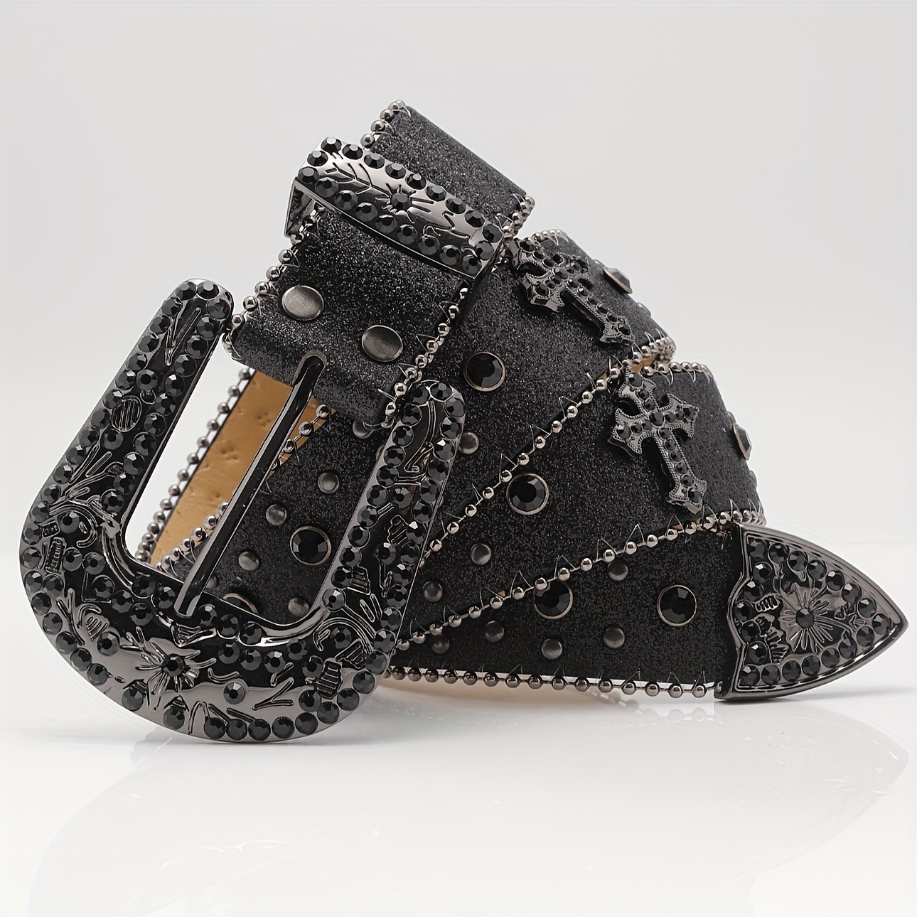 Crocodile Pattern Automatic Buckle Belt Faux Diamond Inlaid Belt