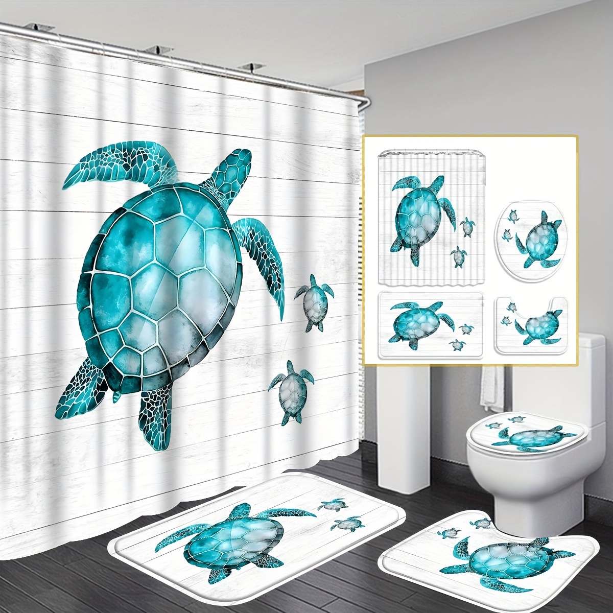 Tain Set Free Punching Turtle Pattern Shower Curtain Set - Temu