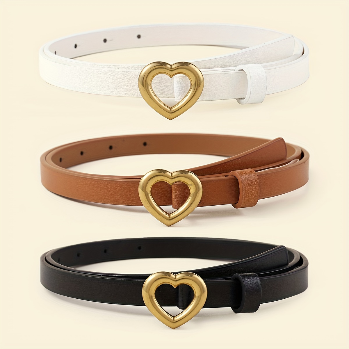 3pcs/set Simple Heart Buckle Belts Solid Color PU Waistband Casual Jeans  Pants Belts For Women Girls