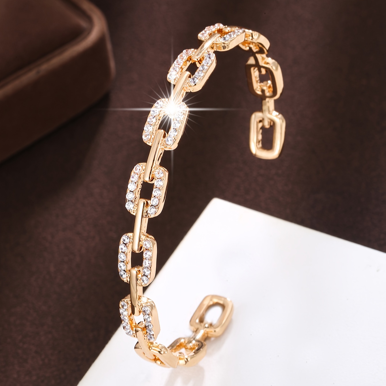 TEMU Luxury Classic Hollow Design Chain Inlaid Zirconia Cuff Bangle 18k Gold Plated Zirconia Shiny Hand Jewelry For Women