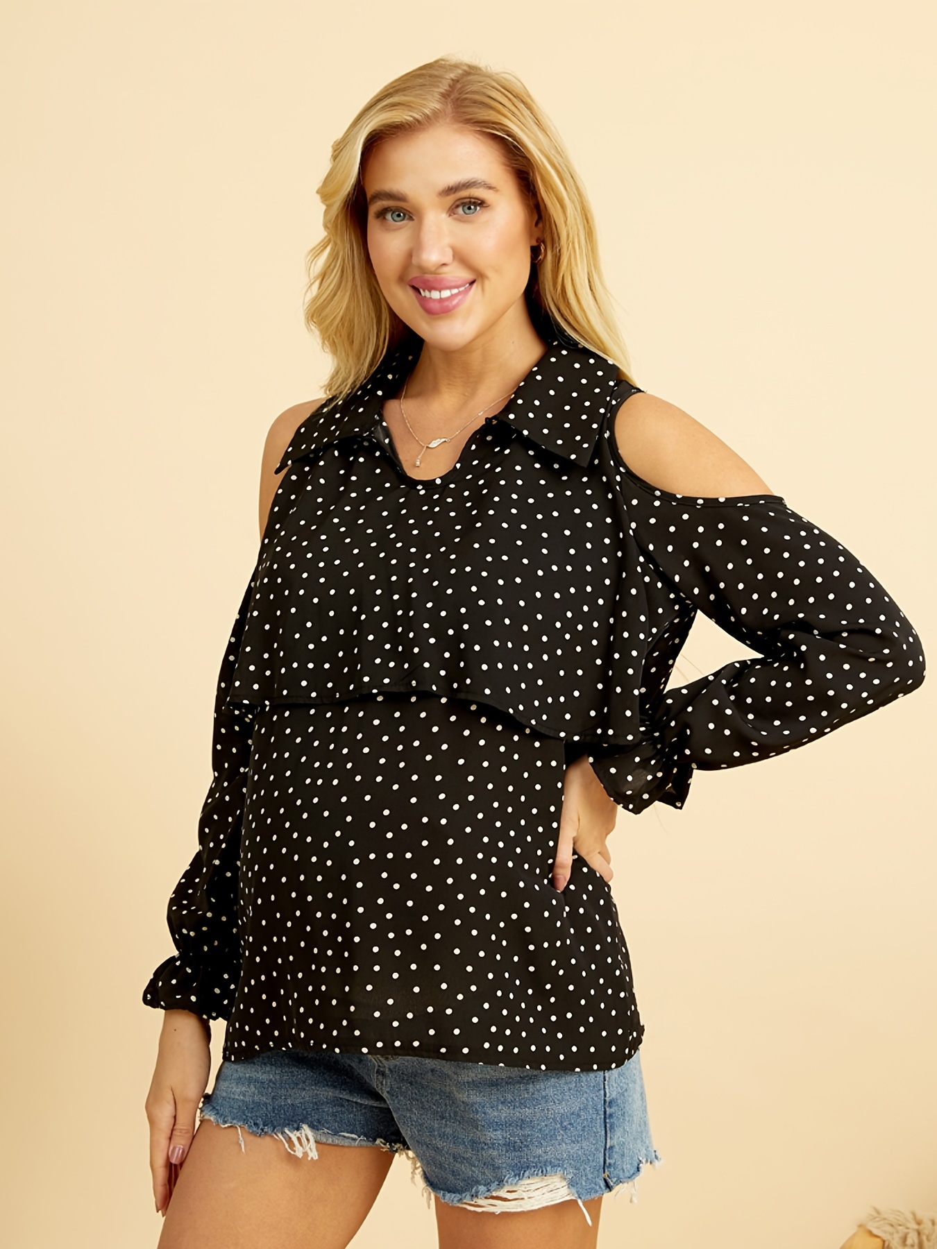 Women's Maternity Cold Shoulder Ruffled Top with Polka Dot Print