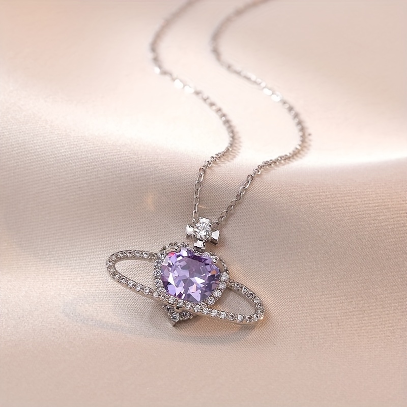 Set Orecchini E Collana Pendente In Zircone Pianeta Viola - Temu Italy