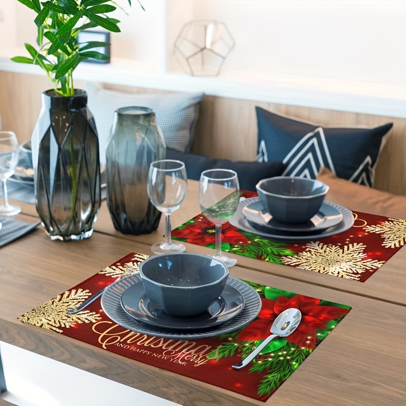 Christmas Theme Linen Placemats Golden Snowflake Flower - Temu